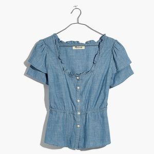 Madewell Chambray Ruffle-Sleeve Peplum Top XXS